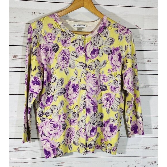 Pendleton Sweaters - Pendleton Cardigan Sweater Womens Sz Medium Floral Silk Knit 3/4 Button Front